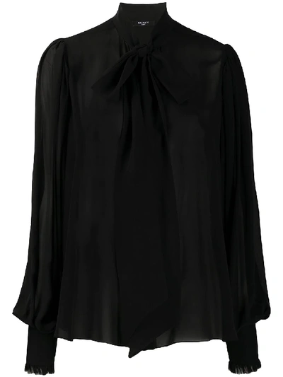 Shop Balmain Pussy Bow Silk Blouse In Black