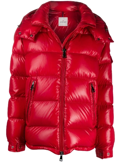 Shop Moncler Quilted Hooded Zipped Jacket In Red