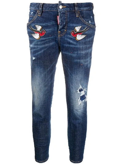 Shop Dsquared2 Bird Embroidery Cropped Jeans In Blue