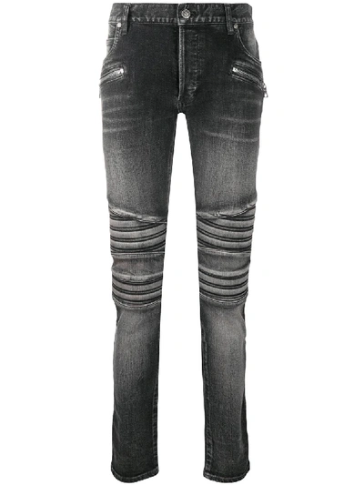 Shop Balmain Ribbed Distressed Skinny Jeans In Black