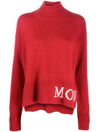 Shop Moncler Logo Intarsia Roll Neck Jumper In Red