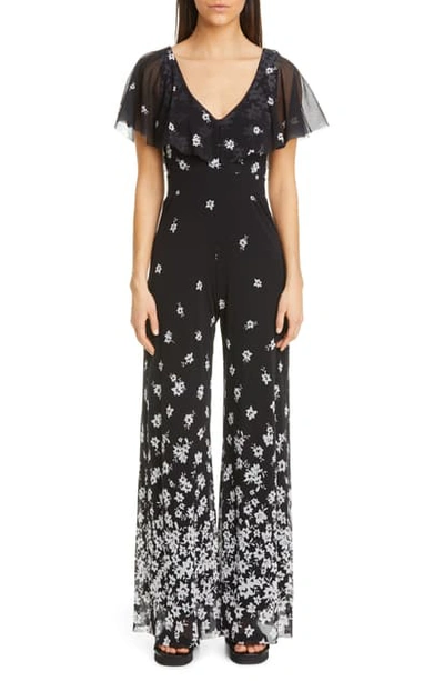 Shop Fuzzi Floral Ruffle Tulle Jumpsuit In Nero