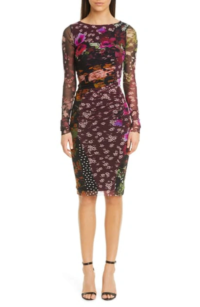 Shop Fuzzi Floral & Dot Ruched Long Sleeve Dress In Vino