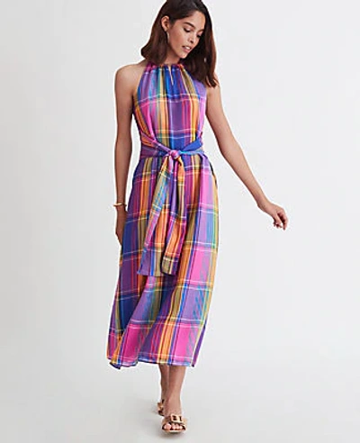 Shop Ann Taylor Tall Madras Plaid Belted Halter Dress In Night Sky