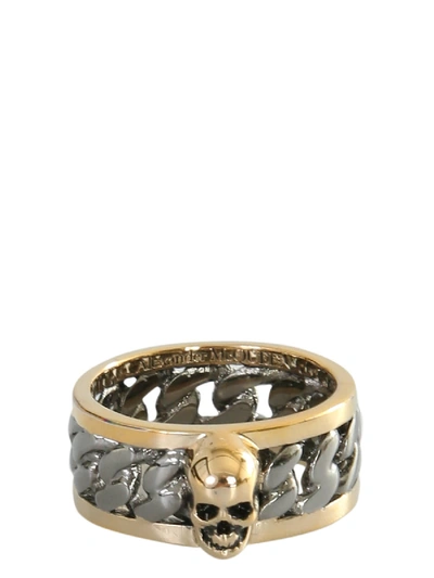 Shop Alexander Mcqueen Skull Ring And Chain In Oro