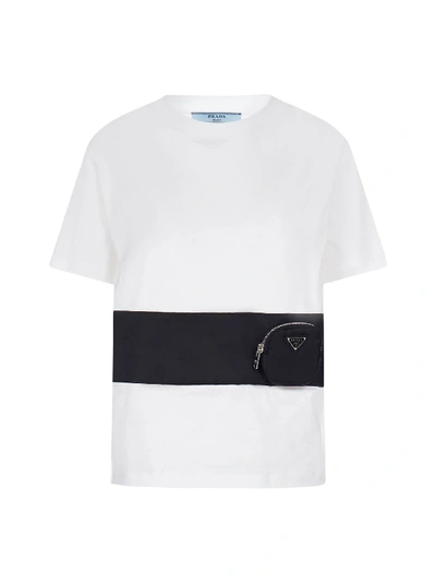 Shop Prada Front Pouch Cotton T-shirt In Bianco Nero