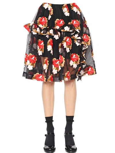Shop Simone Rocha Ruffled Floral Embroidered Tulle Skirt In Black