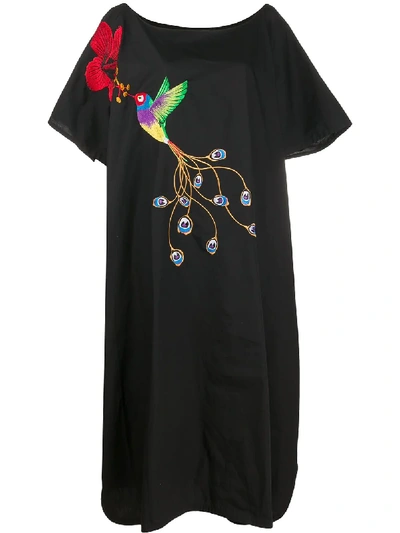 Shop Stella Jean Bird Embroidery Midi Dress In Black