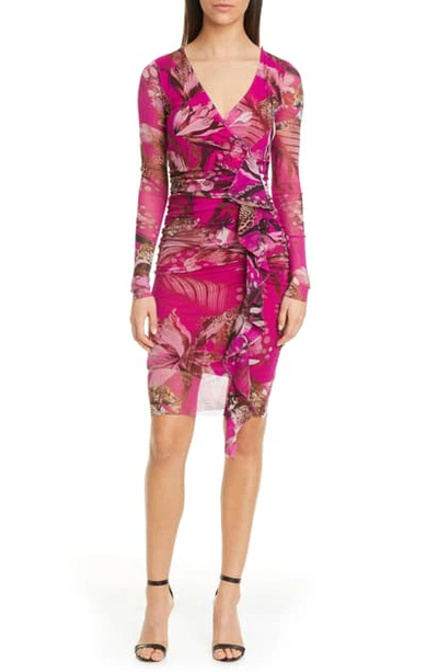 Shop Fuzzi Leopard & Floral Print Ruffle Long Sleeve Dress In Azalea
