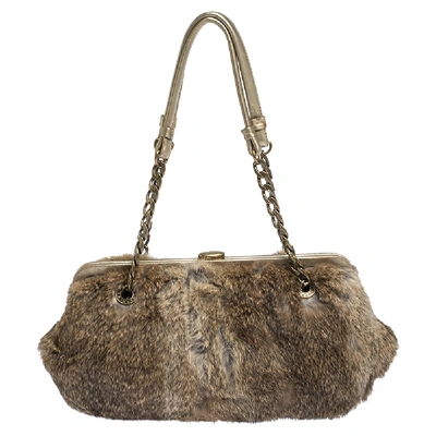 Pre-owned Michael Kors Michael  Light Brown Fox Fur And Leather Frame Chain Shoulder Bag