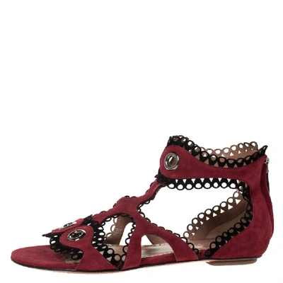 Pre-owned Alaïa Maroon Suede Scallop Trim Eyelet Embellished Ankle Cuff Flat Sandals Size 40 In Red