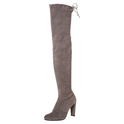 Pre-owned Stuart Weitzman Taupe Suede Highland Thigh High Boots Size 38 In Grey