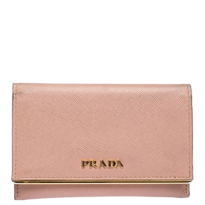 Pre-owned Prada Light Pink Saffiano Lux Leather Metal Flap Card Holder