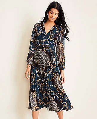 Ann Taylor Scroll Pleated Wrap Dress In 