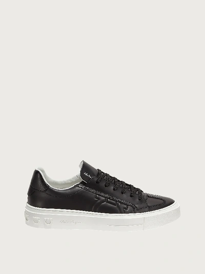 Ferragamo Men's Borg Leather Low-top Sneakers, Black In Black