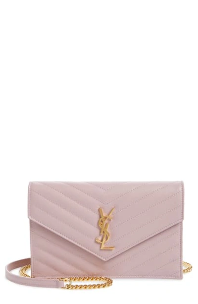 Shop Saint Laurent 'small Mono' Leather Wallet On A Chain In Tender Pink