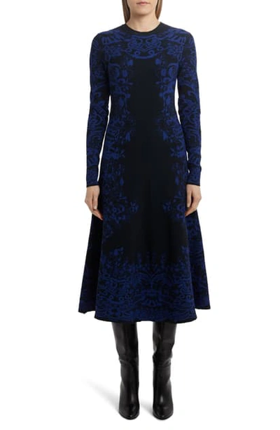 Shop Valentino Delft Jacquard Long Sleeve Midi Sweater Dress In Navy/ Eclectic Blue