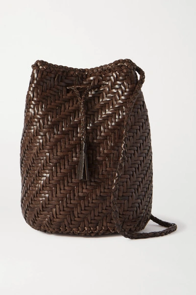 Shop Dragon Diffusion Pom Pom Double Jump Woven Leather Bucket Bag In Dark Brown