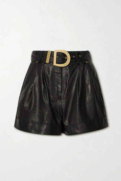 Shop Balmain Belted Leather Shorts In Black