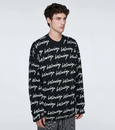 Shop Balenciaga Wool Logo Crewneck Sweater In Black