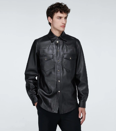 Shop Gucci Leather Overshirt With Logo In Black