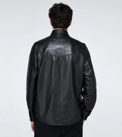 Shop Gucci Leather Overshirt With Logo In Black