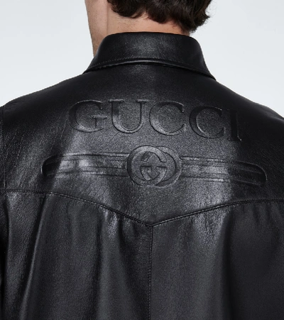 Shop Gucci Leather Overshirt With Logo In Black