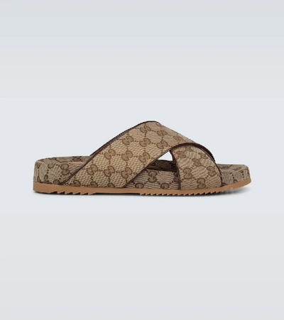 Shop Gucci Sideline Gg Canvas Slides In Beige