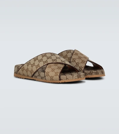 Shop Gucci Sideline Gg Canvas Slides In Beige