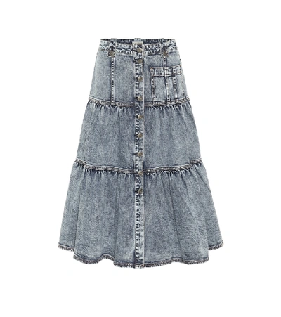 Shop Ulla Johnson Graham Tiered Denim Midi Skirt In Blue