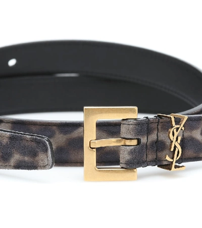 Shop Saint Laurent Monogram Leopard-print Suede Belt In Grey