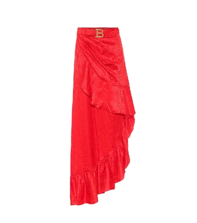 Shop Balmain Leopard-jacquard Silk Maxi Skirt In Red