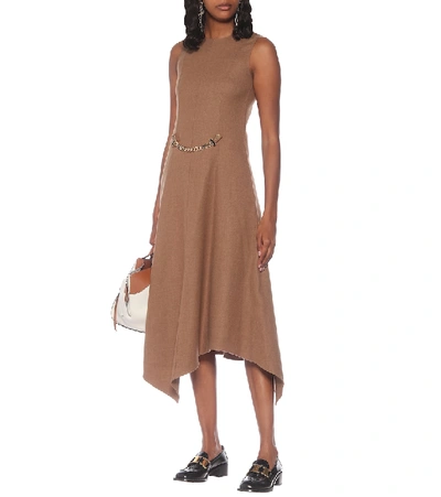 Shop Jw Anderson Asymmetric Stretch-wool Midi Dress In Brown