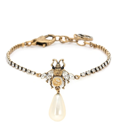 Shop Gucci Bee Crystal Bracelet With Faux Pearl In Gold