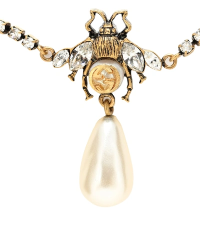 Shop Gucci Bee Crystal Bracelet With Faux Pearl In Gold
