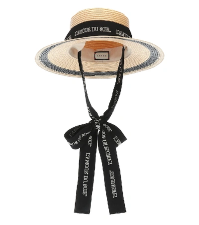 Shop Gucci Ribbon-tie Straw-effect Hat In Neutrals