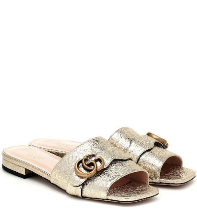 Shop Gucci Double G Metallic Leather Slides In Gold
