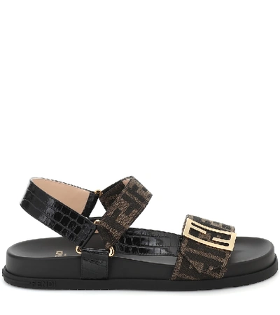 Shop Fendi Ff Jacquard Sandals In Brown