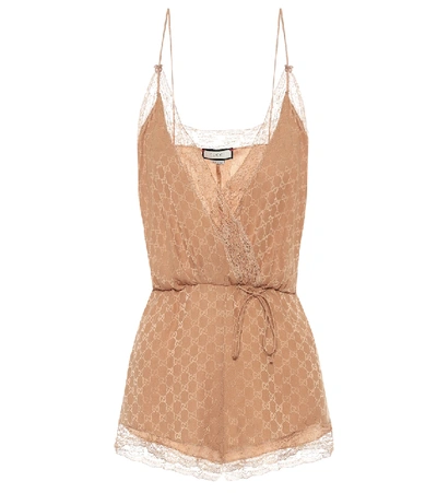 Shop Gucci Lace-trimmed Silk Playsuit In Beige