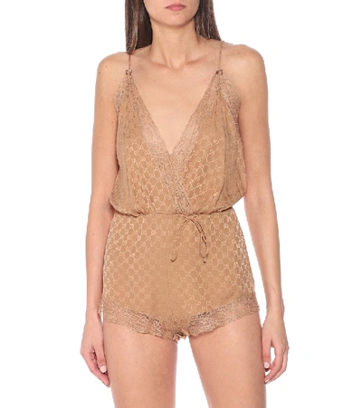 Shop Gucci Lace-trimmed Silk Playsuit In Beige