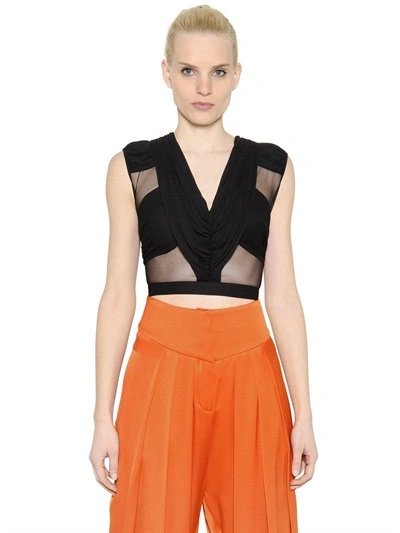 Balmain Draped Cropped Tulle & Jersey Top In Black
