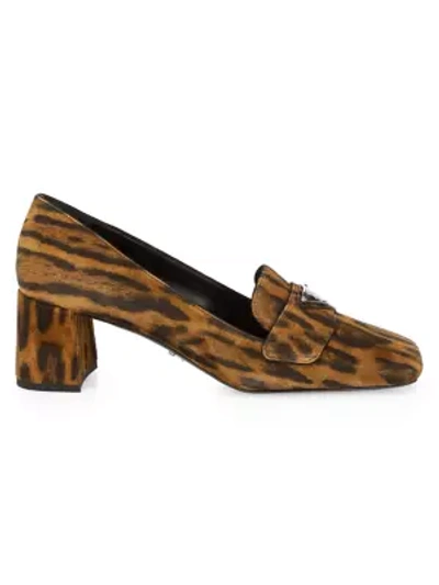 Shop Prada Square-toe Leopard-print Suede Loafers In Miele