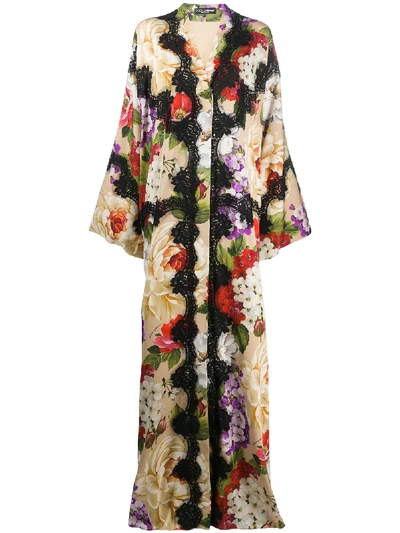 Shop Dolce & Gabbana Floral Print Kaftan Dress In Neutrals