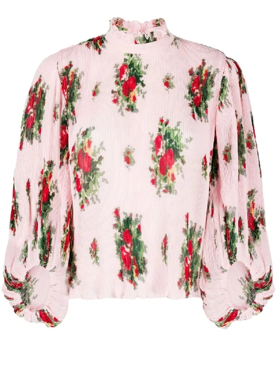 Shop Ganni Plissé Floral-print Blouse In Pink