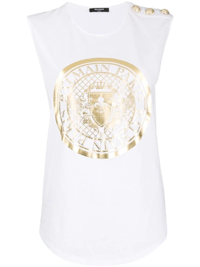 Shop Balmain Crest Logo-printed Tank Top In White