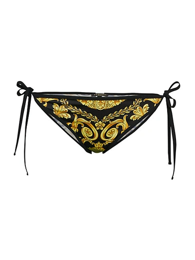 Shop Versace Baroque String Bikini Bottom In Black Gold