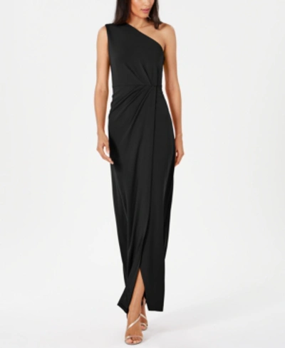 Shop Calvin Klein Draped One-shoulder Gown In Black