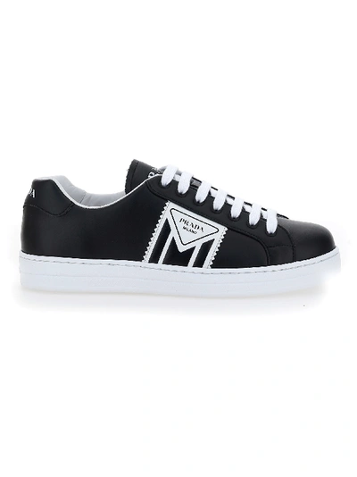Shop Prada Mens Black Leather Sneakers In Nero/bianco