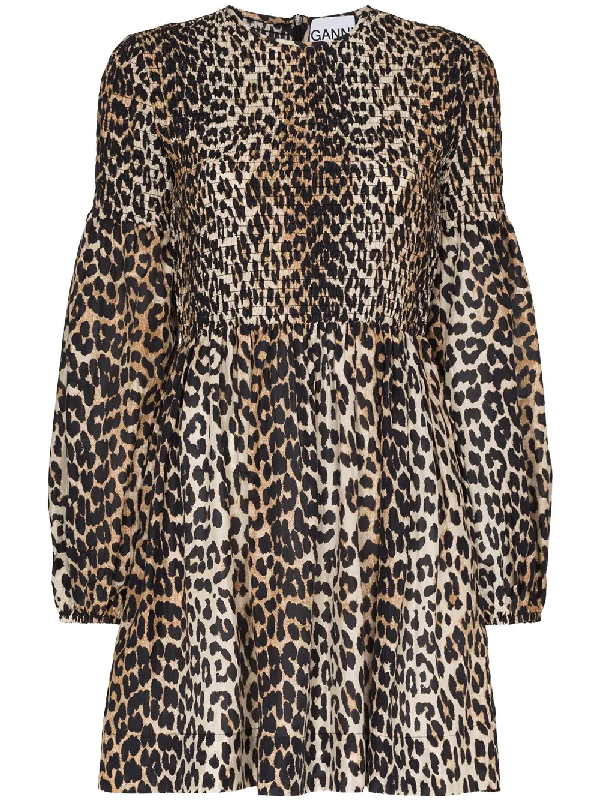 ganni smocked leopard dress