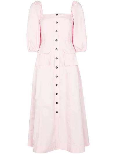 Shop Ganni Flared Button-front Dress In Pink